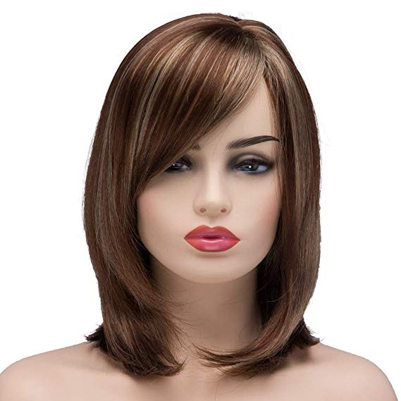 BESTUNG Short Mixed Color Synthetic Women Wig Medium Length Natural Looking Hair Wigs Light Brown and Light Blonde