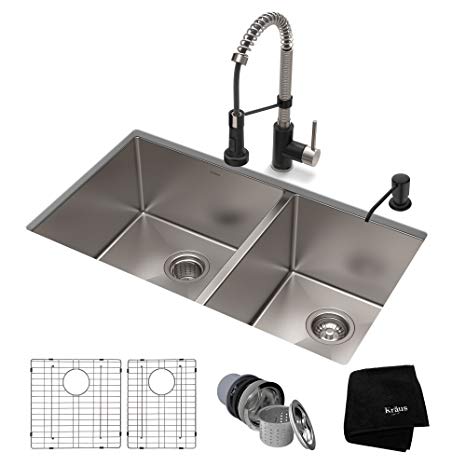 KRAUS KHU103-33-1610-53SSMB Set with Standart PRO Bolden Commercial Pull Stainless Steel Matte Black Kitchen Sink & Faucet Combo