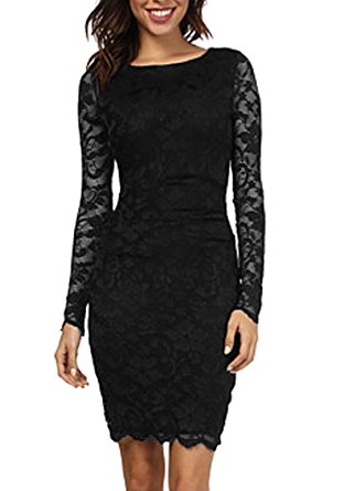 FORTRIC Women Long Sleeve Elegant Sexy Lace Work Cocktail Party Bodycon Dress