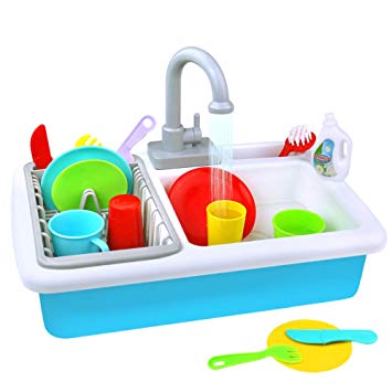 Fajiabao Play Kitchen Toy Sink Playset Utensils Play Dishes Accessories Plates Faucet with Running Water Pretend Drainer Set Gift for Toddlers Kids Boys Girls