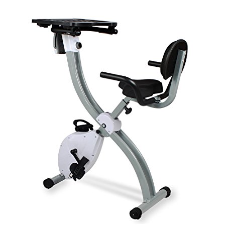 Folding Exercise Bike and Workstation Magnetic Upright Stationary Bike with Pulse,Removable Laptop Holder,Home Gym Indoor Cycling Bike with LCD Monitor, Handbars Adjustable, Max User Weight:265lbs