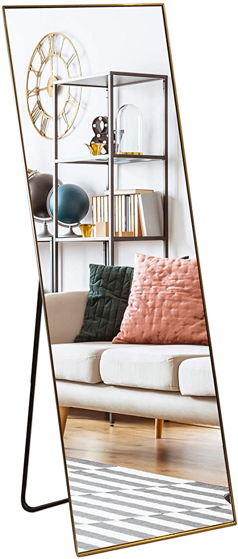 Full Length Mirror - Floor Standing or Wall Hanging - Tall Full Body Mirror Great for Bedroom, Bathroom or Hallway - Sturdy Metal Frame - Dressing Mirror by BrightText - Door Mirror (Gold)