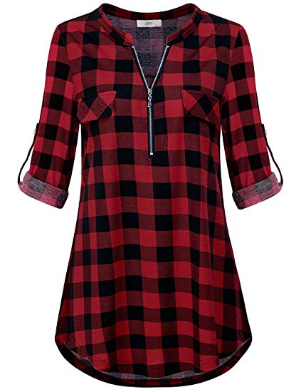 Jdaxiy Womens 3/4 / Short Sleeve Plaid Shirt Zip V Neck Tunic Top Flannel Casual Blouses