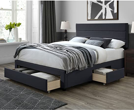 DG Casa Flynn Upholstered Panel Bed Frame with Storage Drawers and Horizontal Channel Headboard - Queen Size in Charcoal Fabric