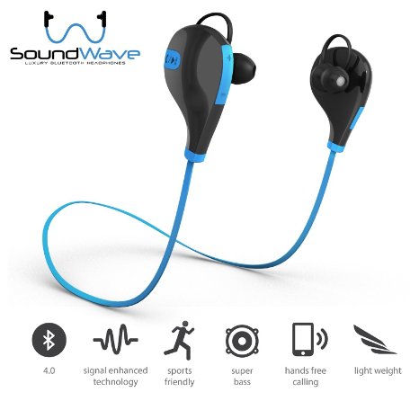 Bluetooth Headphones, SoundWave, Pure Wireless Bluetooth Sound Earbuds Sweat proof Running Headset In-Ear Sports Headphones with Microphone - iPhone 6s, Samsung Galaxy S6 S5 & Android Phones (Blue)
