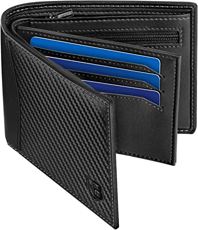 Mens Wallet, BIAL RFID Blocking Wallet Bifold Leather Wallets Mens, Slim Wallet with ID Window Zip Coin Pocket 9 Card Holder and 2 Banknote Compartments, Mens Wallets Card Wallet with Gift Box Black