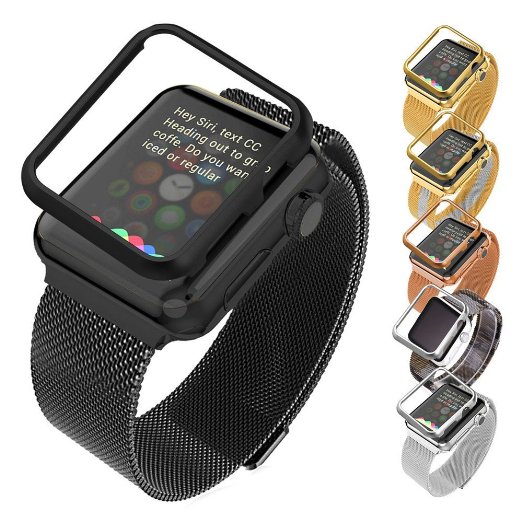 Apple Watch Band with Protective Case(42MM), Bandmax Unique Black Gun Plated Stainless Steel Milanese Loop for Apple Watch/Watch Sport/Watch Edition with Magnet Lock