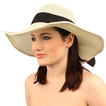 Summer Vented Airy Cute Ribbbon Bow Wide Brim 4-3/4" Floppy Beach Sun Hat