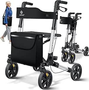 KESSER Rollator Aluminium Set, Leichtgewicht-Reiserollator mit Vollausstattung, 3-fach faltbar für Kofferraum klappbar Reise und Flug, Höhe verstellbar, Gurt, Stockhalter Gehwagen Laufhilfe Gehhilfe