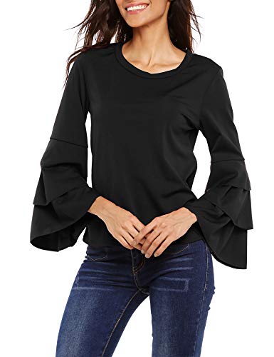 Beyove Women Blouse Round Neck Layered Ruffle Bell Long Sleeve Solid/Polka Dot Casual Shirt Elegant Tee Top