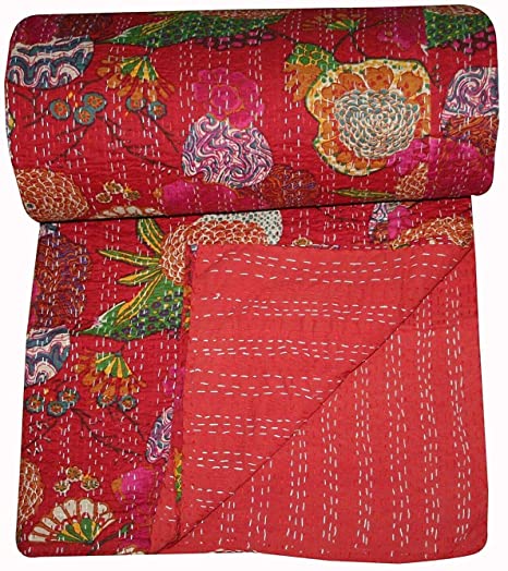 FashionShopmart Floral Print Twin Size Kantha Quilt, Kantha Blanket, Bed Cover, Twin Kantha Bedspread, Bohemian Bedding Kantha Size 90 Inch x 60 Inch, Bohemian Decor