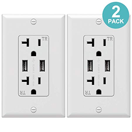 Wall Electrical Outlet with 5V/4.8A Dual High Speed USB Charger,20A Tamper-Resistant Receptacle Outlet White Color 2 Pack