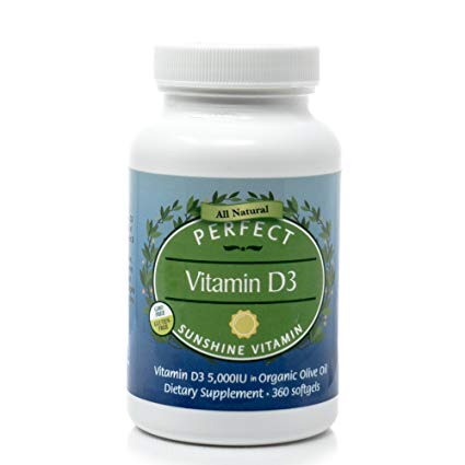 Perfect Vitamin D3 in Organic Olive Oil 5,000 IU, 360 Softgels, Gluten-Free~ by Perfect Supplements