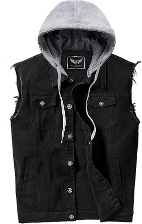 Men's Denim Vest Casual Button Stretchy Distressed Jean Sleeveless Jacket with Hood