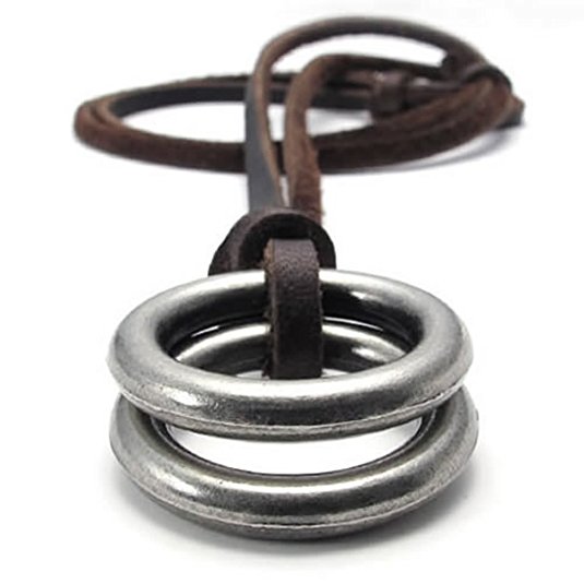 KONOV Vintage Style Alloy Double Ring Pendant Adjustable Leather Cord Mens Necklace Chain