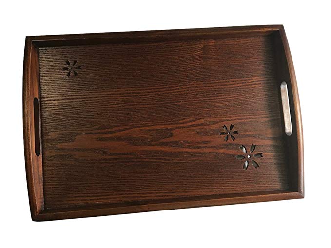 Eco Life - Rectangle Wood Serving Tray with Handles and Hollowed-out Sakura, For Your Ottoman - Brown - 16.5" x 11"