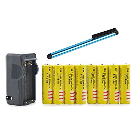 ON THE WAY®8Pcs Button Top High Drain Rechargeable Battery 18650 with Re/Discharging Protection Circuit 3.7V 5000mAh Li-ion Battery Plus Cordless Dual Slot 18650 Charger and Colorful Touch Stylus Pen