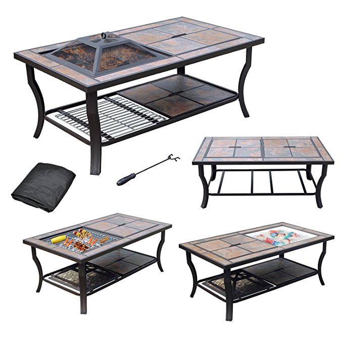 AXXONN 4 in 1 Rectangular Tile Top Fire Pit, Cooler, Grill and Coffee Table with Cover
