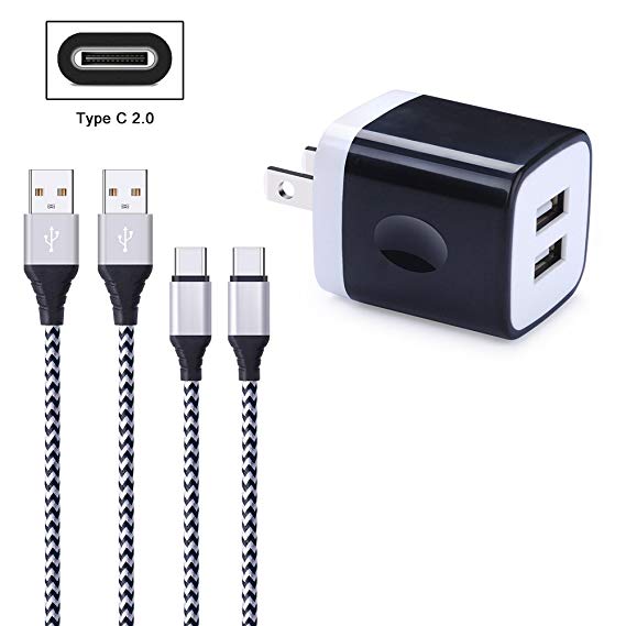 FiveBox 2Pack 6ft USB Type C Charger Compatible LG Stylo 4, Samsung Galaxy S9 S8 Note 9 8, Google Pixel 2 3 XL, LG G7 V35 ThinQ V20 V30 G5 G6, 2.1A USB Wall Charger Box Base Cube Charging Block Brick