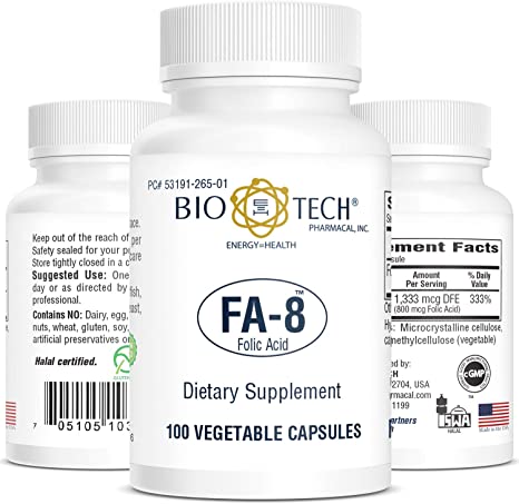 Bio-Tech Pharmacal Folic Acid (FA-8, 800mcg, 100 Veg Count)