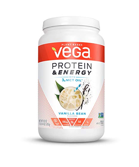 Vega Protein & Energy Vanilla Bean (25 Servings, 30 oz) - Plant Based Vegan Non Dairy Protein Powder, Gluten Free, Keto, MCT oil, Non GMO