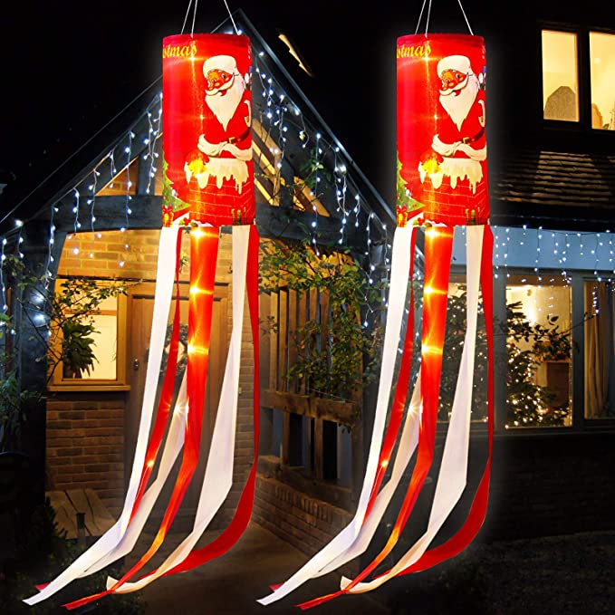 Christmas Windsock Flags Santa Winter Weather Vane with Warm White LED Lights, Christmas Outdoor Hanging Decor for Yard Garden Patio Pathway Party Decoration (2)