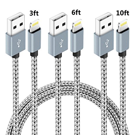 iPhone Charger,NANMING Lightning Cable 3Pcs 3FT 6FT 10FT Extra Long Nylon Braided Charging Cable Lightning to USB Cable for iPhoneX /8Plus 7/ 7Plus/6/6s/6 plus/6s plus,5/5s/5c,iPad (Grey White)