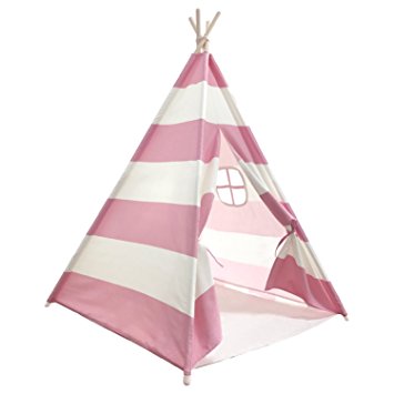 Durable Teepee for Kids, FoFxly Indian Play Tent, Stable Tipi, the Safest Children's Playhouse with Window and Floor, High Quality Wooden Poles & Sturdy Cotton Canvas & Nylon Strap & Non-Slip End Cover (Pink Stripe)