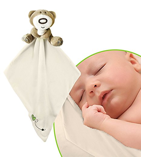 Teddy Bear Snuggle Blankie by Baby Bibi. Plush Infant Security Blanket for Boys and Girls with Adorable Teddy Bear. Soothing and Fun, Light Yellow Color Animal Blankie. Size 9.45” x 9.45”