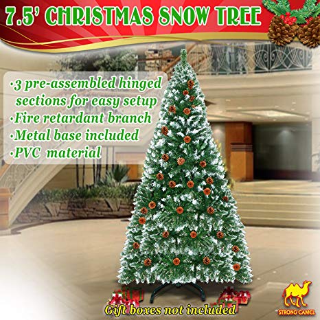 Strong Camel 7.5' Green Snow Tipped Christmas Tree with 42 pinecones Artificial Realistic Natural Branches -Unlit 230CM 1220 Tips With Steel Stand