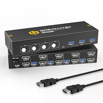 HDMI KVM Switch 2 Monitors 4 Computers with 3 USB3.0 Ports, 4K@60Hz Dual Monitor KVM Switch 4 Port for 4 PCs Share 2 Monitors, Support Button Switch, Adaptive EDID, 4 in 2 Out