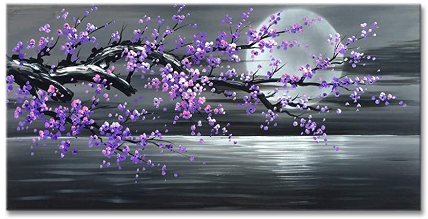 Konda Art - Framed Handmade Purple Flower Oil Painting On Canvas Abstract Wall Art Artwork for Kitchen Stretched Ready to Hang (Framed 48" W x 24" H)