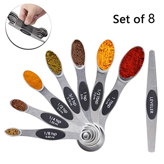 Measuring Spoons, Dual Sided Magnetic Measuring Spoons for Dry or Liquid Ingredients, ALEHME Heavy Duty Stainless Steel Measuring Spoons Set of 8 with Leveler Fits in Different Spice Jars