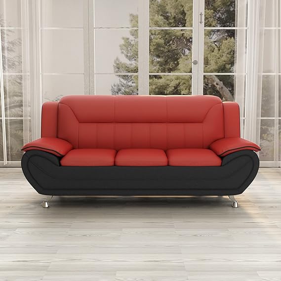 US Pride Furniture Michael Collection Modern Style Faux Leather Couch-Versatile 3 Seater Accent Piece for Living Room, Bedroom or Office-Comfortable Design and Elegant Look, 79" Sofa, Red/Black