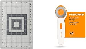 Fiskars 12x18 Inch Cutting Mat (12-83707097J), Gray & 45mm Rotary Cutter for Fabric - Premium Stick Rotary Cutter - Craft Supplies - Crafts, Sewing, and Quilting Projects - White