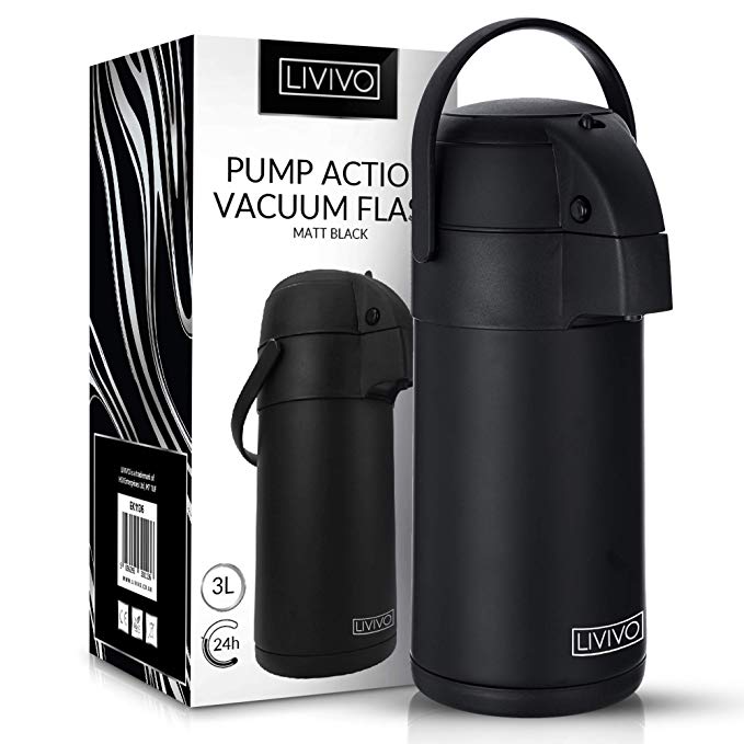 LIVIVO Pump Action Vacuum Air Pot Flask in Matt Black Finish for Hot or Cold Drinks and Soups etc (Black, 3L)