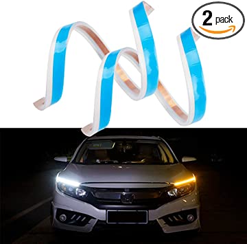 MIHAZ LED Daytime Running Light Strips - 24" Flexible Switchback LED Stirp w/ Sequential Amber Turn Signals 12V DRL Strip Easy Paste Install Headlight Accessories White & Amber (2Pcs)