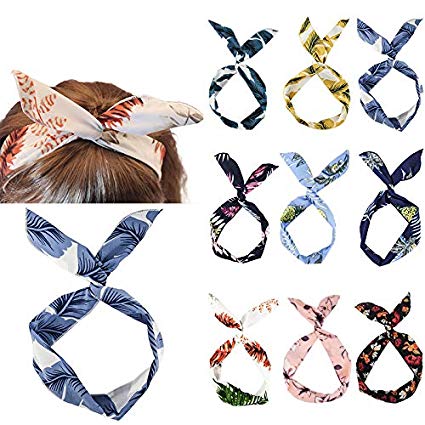 Yeshan Wire Retro Boho Headbands headwrap for Girls Floral Printed Bow Headband Bunny Ears Yoga Stretchy Adjustable Fashion Leaf Hair Bands,Pack of 9
