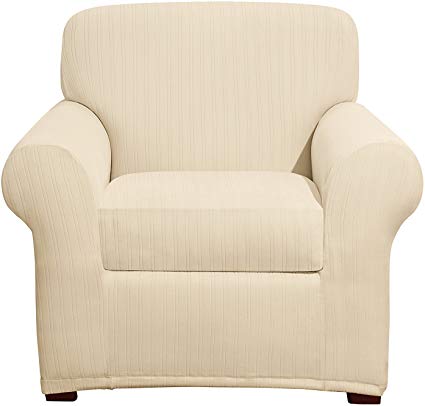 Sure Fit Stretch Pinstripe 2-Piece - Chair Slipcover  - Cream (SF39072)