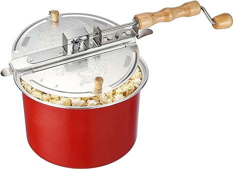 Stovetop Popcorn Maker – 6.5-Quart Popper Pan with Wooden Crank Handle and Internal Kernel Stirrer by Great Northern Popcorn (Red)