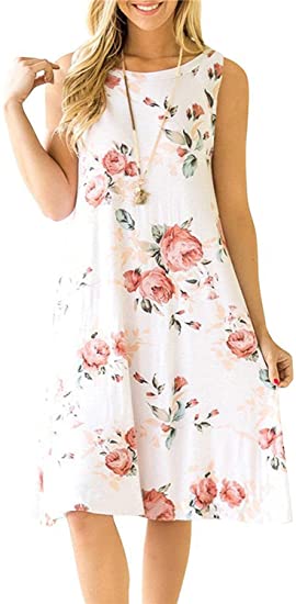 Genhoo Women Summer Casual Sleeveless Floral Printed Swing T-Shirts Dress Sundress with Pockets