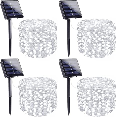 SANJICHA Extra-Long Solar String Lights Outdoor, 4-Pack Each 100 LED Solar Lights Outdoor, Waterproof Copper Wire 8 Modes Solar Fairy Lights for Christmas Tree Garden Party Wedding (Cool White)