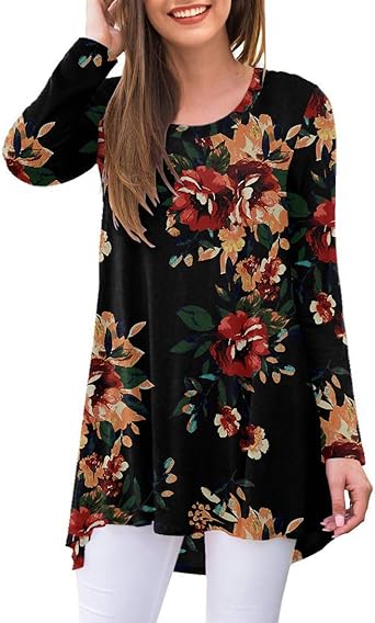 AWULIFFAN Women's Casual Round Neck Long Sleeve Loose Tunic T-Shirt Blouse Tops