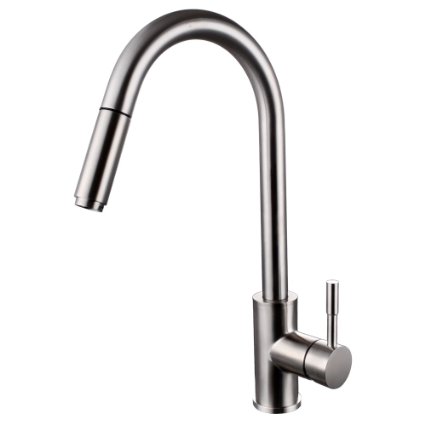 KES Lead-Free Kitchen Faucet Pull Out Spray Single Handle SUS 304 Stainless Steel Contemporary Style Single Hole Bar Sink Water Mixer Tap with Pull Down Sprayer Swivel High Arc Gooseneck Spout, Brushed Finish, L6954