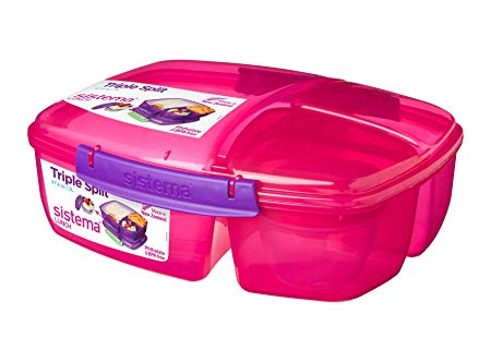 Sistema Lunch Collection Triple Split Lunch Box with Yogurt Pot Food Storage Container, 67.6 oz, Pink