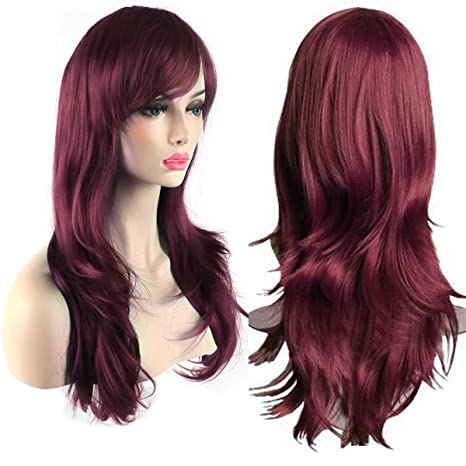 Akstore Fashion Wigs 28" 70cm Long Wavy Curly Hair Heat Resistant Wig Cosplay Wig For Women With Free Wig Cap (Wine Red)