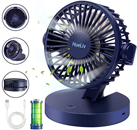 HueLiv Desk Fan USB Table Fan, Rechargeable Battery Operated Mini Foldable Cooling Fan with Strong Airflow Quiet Operation, 3 Speed Head Rotatable Desktop Fan for Home Office and Bedroom