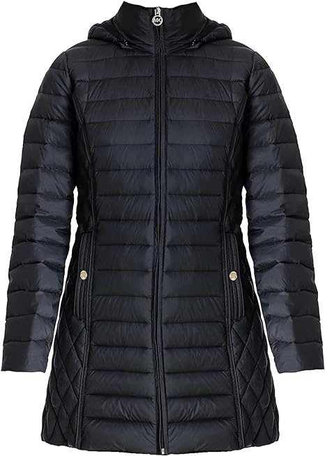 Michael Michael Kors Women's Black Hooded Down Packable Jacket Coat with Removable Hood 3/4 Length Long (as1, alpha, x_l, regular, regular, XL)