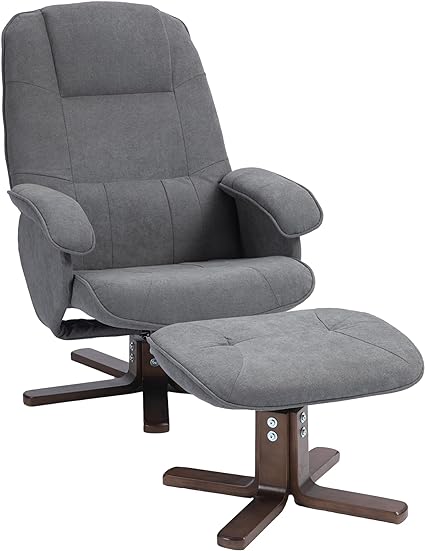 HOMCOM Linen Swivel Recliner Chair with Footstool, Upholstered Reclining Armchair with Wooden Base for Living Room, Grey