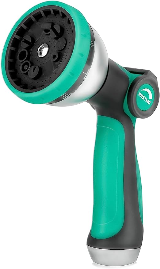 RESTMO Hose Nozzle Heavy Duty, Metal Water Hose Sprayer for Garden, 10 Spray Patterns, Thumb Flow Control, On/Off Valve, for Outdoor Lawn & Plant Watering, Car & Pet Washing